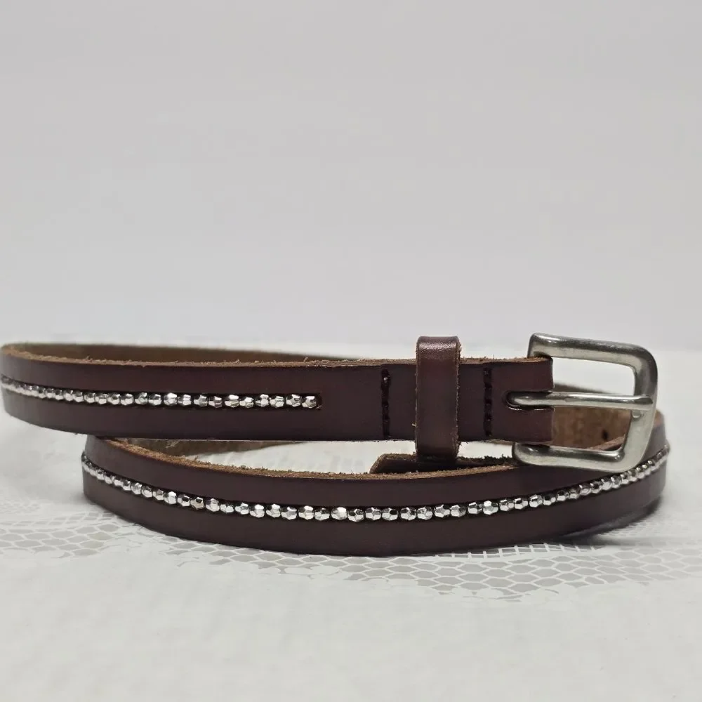 American Eagle Outfitters AEO Brown Genuine Leather Silver Beaded Skinny Belt XS